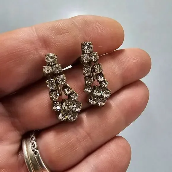 Antique 20s Earrings Screw-backs Rhinestone Art Deco Glam Lux - Picture 3 of 4